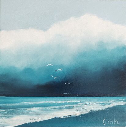 Small oil painting, of the beach with seagulls and beautiful teal clouds