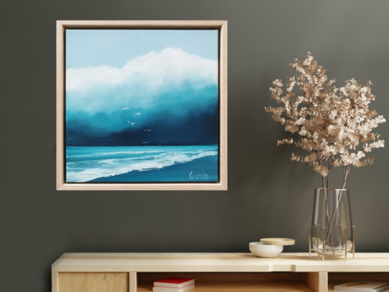 Small oil painting, of the beach with seagulls and beautiful teal clouds