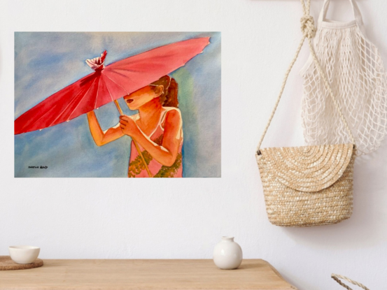 artwork showing a girl shaded by her pink paper parasol
