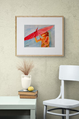 artwork showing a girl shaded by her pink paper parasol
