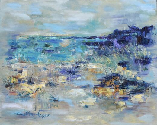 Abstract piece with blues and purples depicting a sea shore