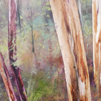 Extra large, long wide landscape painting by Victoria Collins, showing middle-storey of a sapling forest with tannin creek. Features layers of delicate marks from very dark aubergine purple and chocolate brown to ochre, pale teal and peach tones.