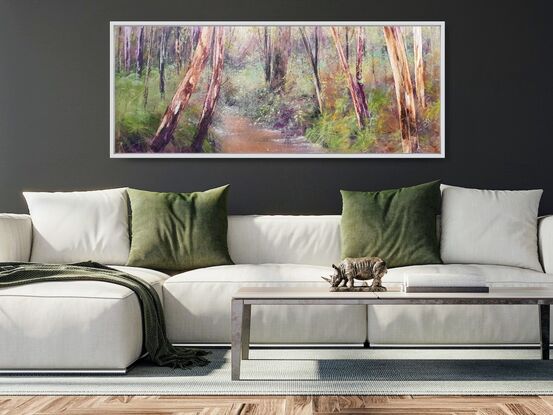 Extra large, long wide landscape painting by Victoria Collins, showing middle-storey of a sapling forest with tannin creek. Features layers of delicate marks from very dark aubergine purple and chocolate brown to ochre, pale teal and peach tones.