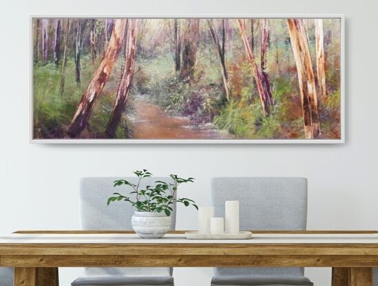 Extra large, long wide landscape painting by Victoria Collins, showing middle-storey of a sapling forest with tannin creek. Features layers of delicate marks from very dark aubergine purple and chocolate brown to ochre, pale teal and peach tones.