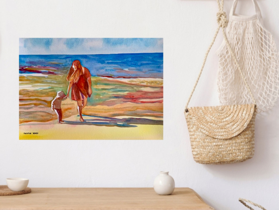 artwork showing a toddler and her mother leaving the beach at the end of the day