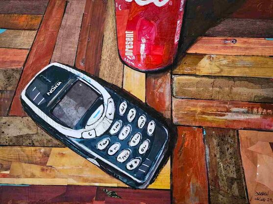 Still life mixed media art featuring the Nokia brick phone