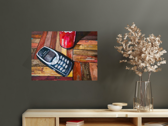 Still life mixed media art featuring the Nokia brick phone