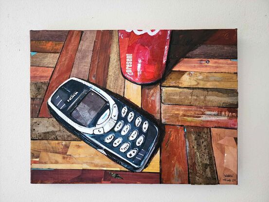 Still life mixed media art featuring the Nokia brick phone