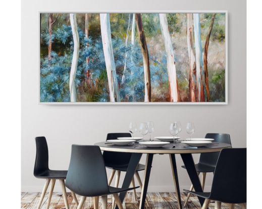 Extra large, long wide landscape painting by Victoria Collins, showing middle-storey of a sapling forest with white gum trees. Features layers of delicate marks from very dark olive green and chocolate brown to ochre, grey-blue and peach and beige tones.