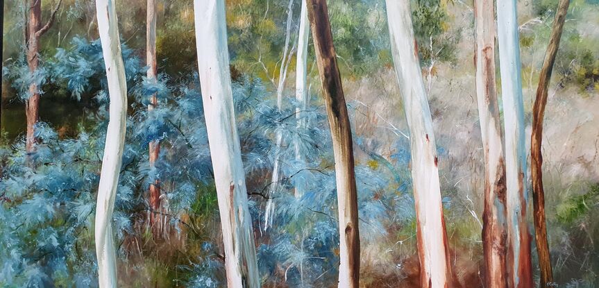 Extra large, long wide landscape painting by Victoria Collins, showing middle-storey of a sapling forest with white gum trees. Features layers of delicate marks from very dark olive green and chocolate brown to ochre, grey-blue and peach and beige tones.