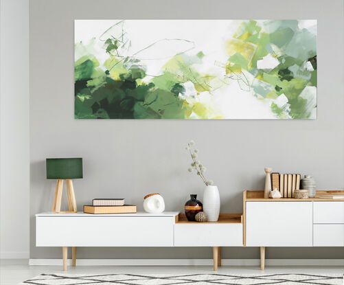 Large strokes of layered colours, greens, grey blues, teal, olive and yellow on a white background depicting an abstract sense of foliage and nature