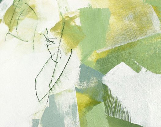 Large strokes of layered colours, greens, grey blues, teal, olive and yellow on a white background depicting an abstract sense of foliage and nature