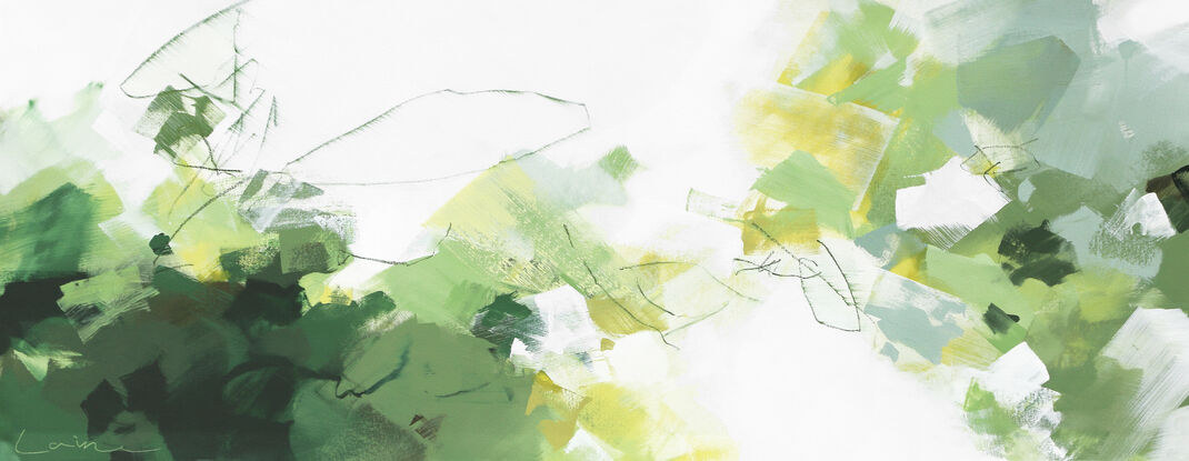 Large strokes of layered colours, greens, grey blues, teal, olive and yellow on a white background depicting an abstract sense of foliage and nature