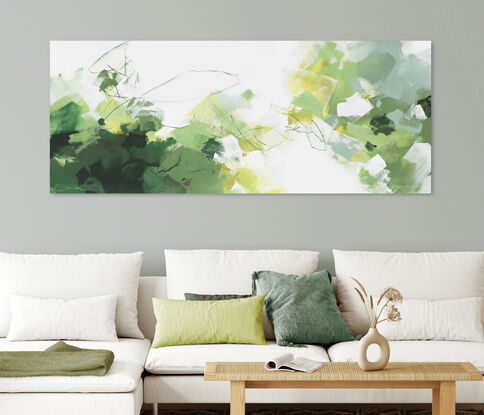 Large strokes of layered colours, greens, grey blues, teal, olive and yellow on a white background depicting an abstract sense of foliage and nature