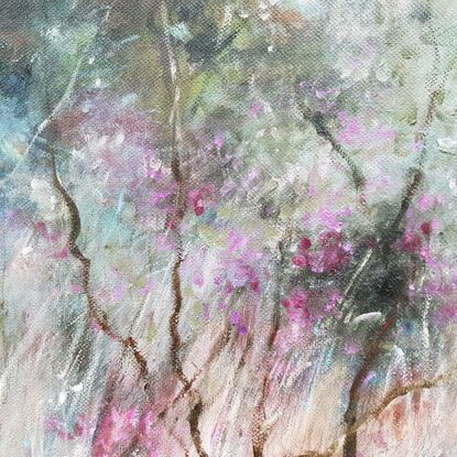 Small square abstract impressionist landscape by Australian artist Victoria Collins. Shows dry grassy scrub with magenta wildflowers dotted through the bush, with olive green shrubbery and beige. 