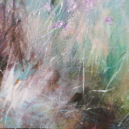 Small square abstract impressionist landscape by Australian artist Victoria Collins. Shows dry grassy scrub with magenta wildflowers dotted through the bush, with olive green shrubbery and beige. 