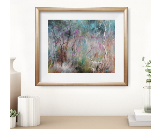 Small square abstract impressionist landscape by Australian artist Victoria Collins. Shows dry grassy scrub with magenta wildflowers dotted through the bush, with olive green shrubbery and beige. 