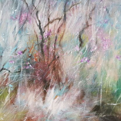 Small square abstract impressionist landscape by Australian artist Victoria Collins. Shows dry grassy scrub with magenta wildflowers dotted through the bush, with olive green shrubbery and beige. 