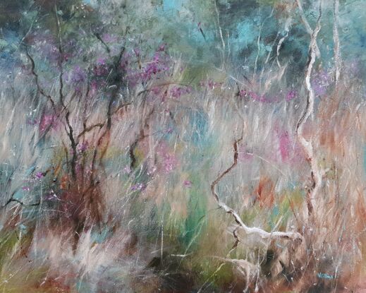 Small square abstract impressionist landscape by Australian artist Victoria Collins. Shows dry grassy scrub with magenta wildflowers dotted through the bush, with olive green shrubbery and beige. 