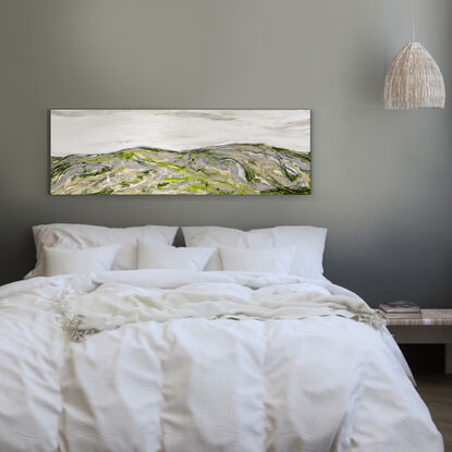 A large abstract landscape painting showing a mountain landscape in shades of cream, black and aqua. Inspired by the Victorian Alpines Victorian High Country.