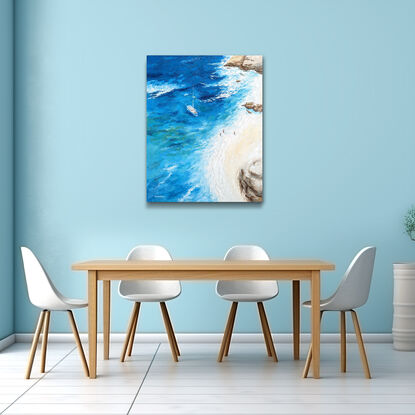 bird eye view textured blue seascape ocean waves with boat and people