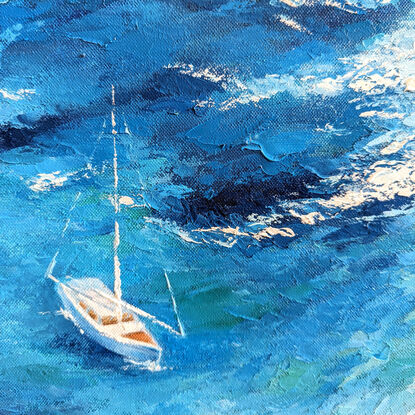 bird eye view textured blue seascape ocean waves with boat and people