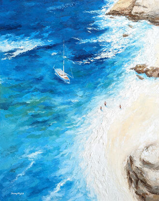 bird eye view textured blue seascape ocean waves with boat and people