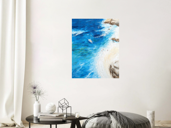 bird eye view textured blue seascape ocean waves with boat and people