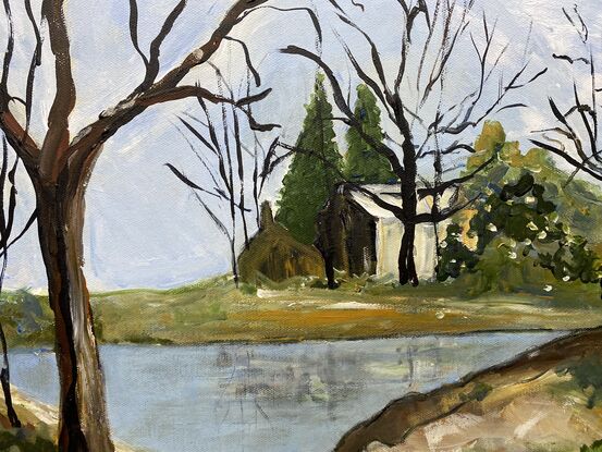 A wintry image with outlying farm buildings on the edge of a lake.  There is an olde world feel to this piece with its gentle colour and calming air. There are two pines standing guard over the barn and the edges of the lake on both sides are tall and spare of leaves. I love the feel of this piece and I hope you enjoy it too. 

The treatment of the scene elevates the piece to a modern take on an olde world, classic piece that has been given a fresh take. 