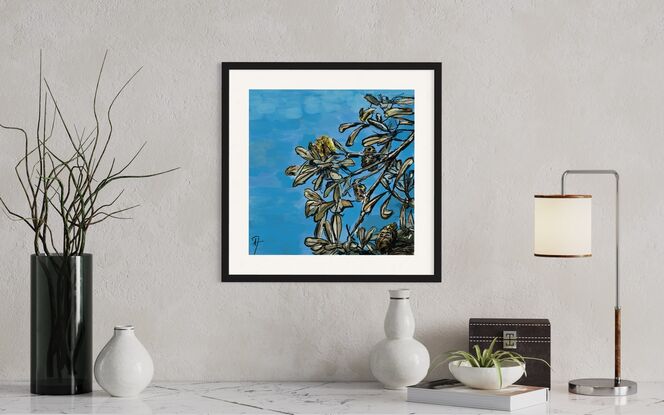 Illustrated and painted tree with yellow banksia flowers and seed pods on a bright blue sky background.