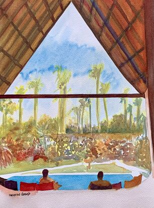 artwork showing a view of a luxurious holiday cabana with wooden apex roof, a garden with palm trees and pool
