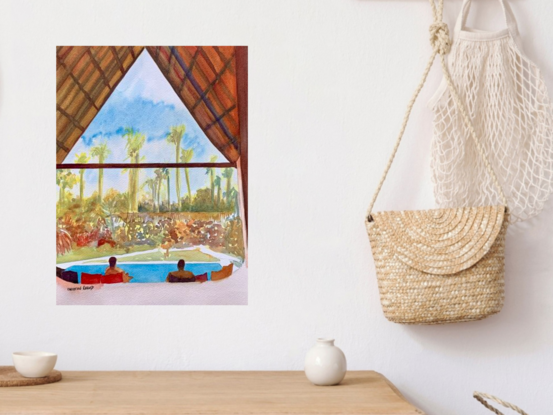 artwork showing a view of a luxurious holiday cabana with wooden apex roof, a garden with palm trees and pool
