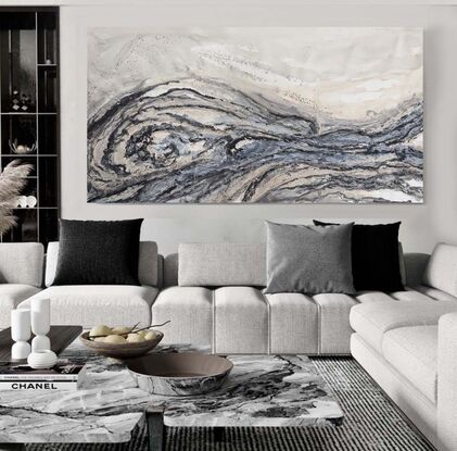 a maximalist artwork in beige, cream, grey and blue grey.