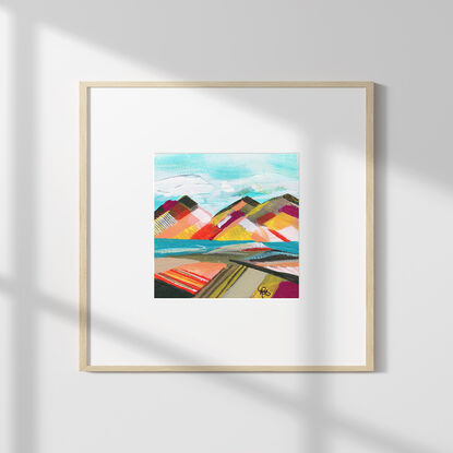 Abstract acrylic painting with bright strokes of colour and texture creating the impression of fields and mountainous landscape. 