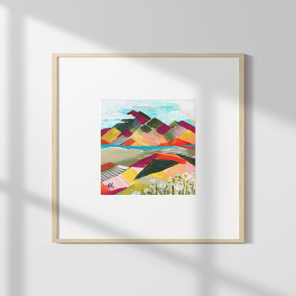 Abstract acrylic painting with bright strokes of colour and texture creating the impression of fields and mountainous landscape. 