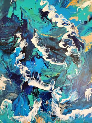 he canvas appears to be a tumultuous sea captured in motion. Layers of rich navy blue mingle with cerulean and turquoise, creating a sense of depth and movement reminiscent of rolling waves. These blues swirls move across the canvas, their fluid forms suggesting the ebb and flow of tides.