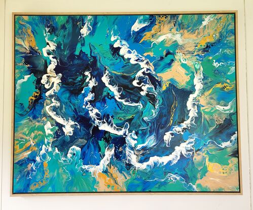 he canvas appears to be a tumultuous sea captured in motion. Layers of rich navy blue mingle with cerulean and turquoise, creating a sense of depth and movement reminiscent of rolling waves. These blues swirls move across the canvas, their fluid forms suggesting the ebb and flow of tides.