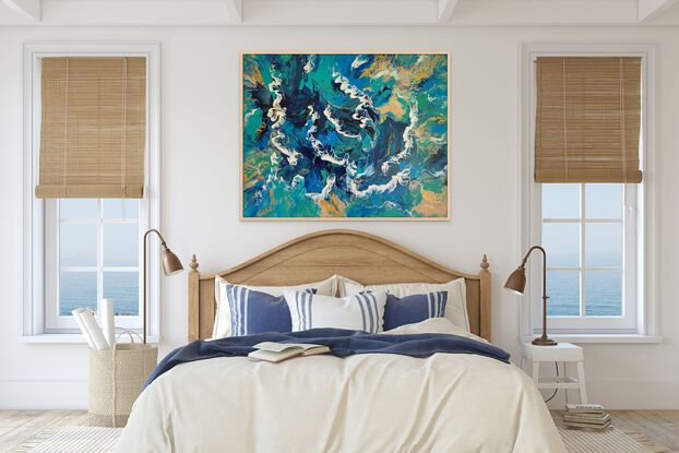 he canvas appears to be a tumultuous sea captured in motion. Layers of rich navy blue mingle with cerulean and turquoise, creating a sense of depth and movement reminiscent of rolling waves. These blues swirls move across the canvas, their fluid forms suggesting the ebb and flow of tides.