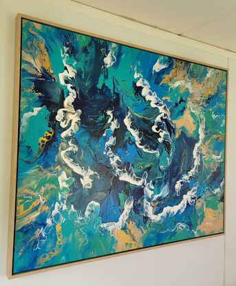 he canvas appears to be a tumultuous sea captured in motion. Layers of rich navy blue mingle with cerulean and turquoise, creating a sense of depth and movement reminiscent of rolling waves. These blues swirls move across the canvas, their fluid forms suggesting the ebb and flow of tides.