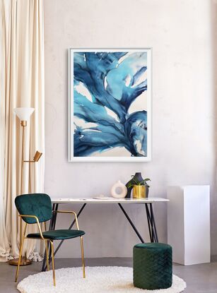 Abstract artwork of dark blue and turquoise wave like plants floating