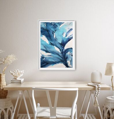 Abstract artwork of dark blue and turquoise wave like plants floating