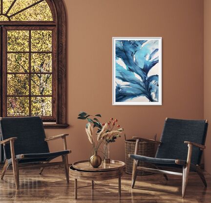 Abstract artwork of dark blue and turquoise wave like plants floating