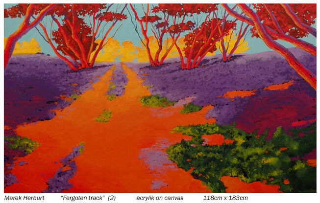 vibrant  variations of colours of orange purple green , demonstrates vivid colours of Australian landscape , you can  almost feel & see the hot sun reflecting  on bush , trees and the road