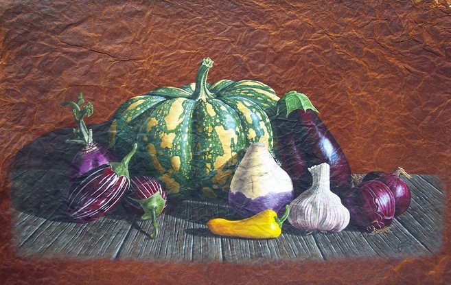 A large striped pumpkin surrounded by a variety of purple vegetables sitting on an old timber bench.