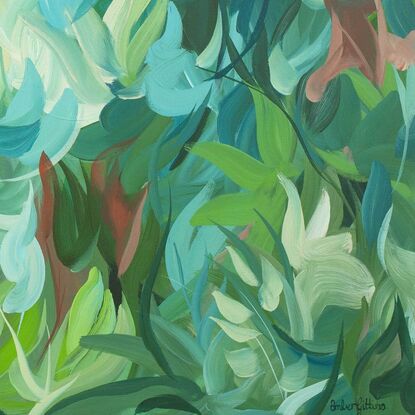 large green and blue abstract tropical palm leave original painting