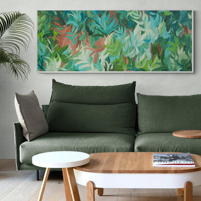 large green and blue abstract tropical palm leave original painting