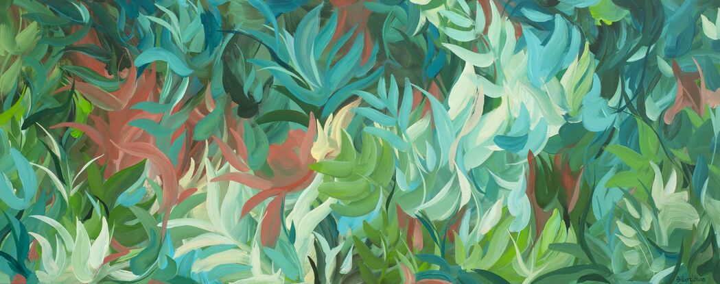 large green and blue abstract tropical palm leave original painting