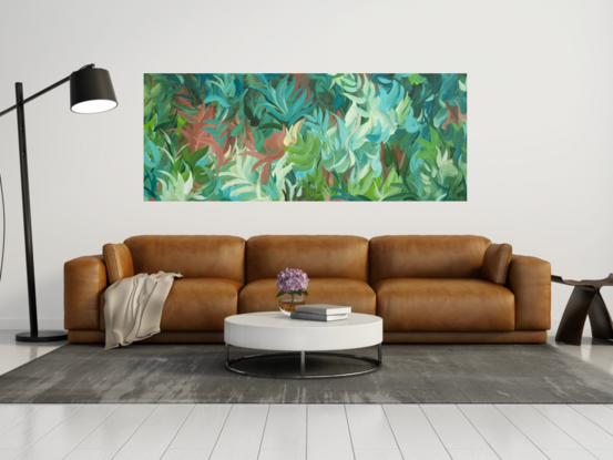 large green and blue abstract tropical palm leave original painting