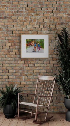 artwork showing a couple walking along a cliff side road in the sunshine