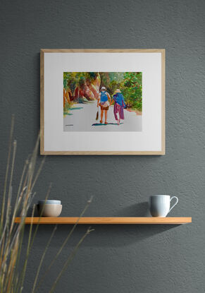 artwork showing a couple walking along a cliff side road in the sunshine